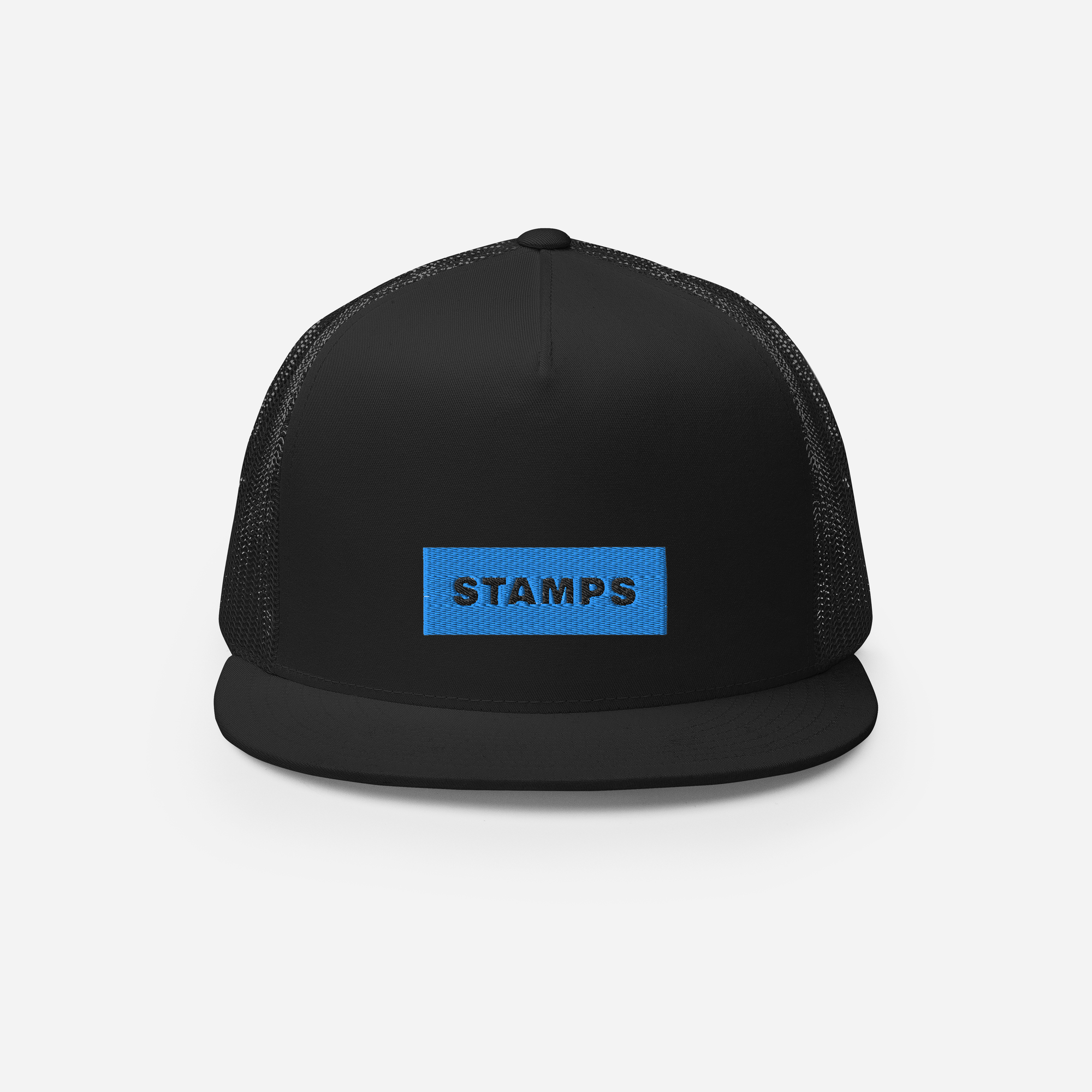 5 Panel Trucker Cap - Black - STAMPS (blue)