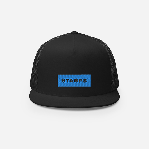 5 Panel Trucker Cap - Black - STAMPS (blue)