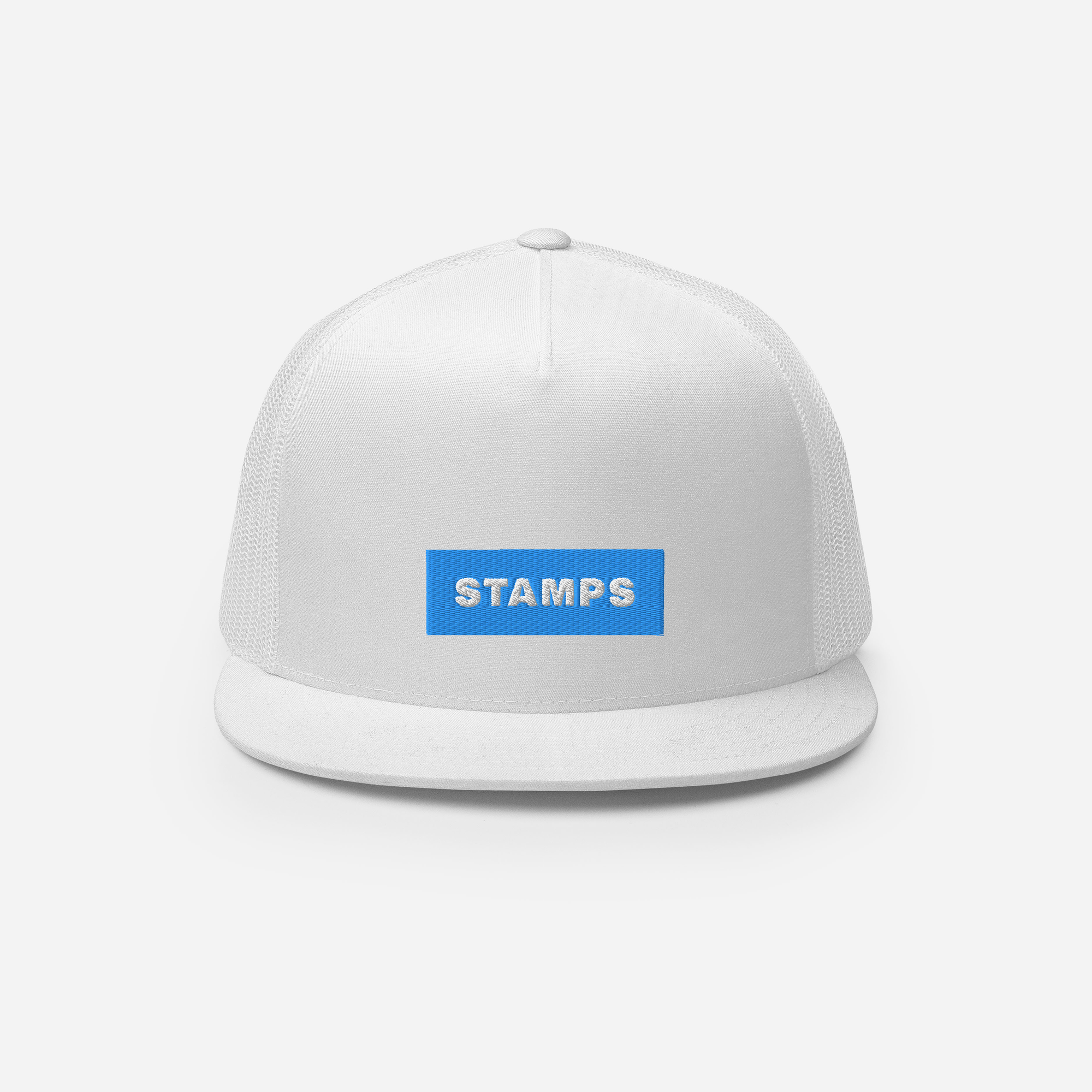 5 Panel Trucker Cap - White - STAMPS (blue)