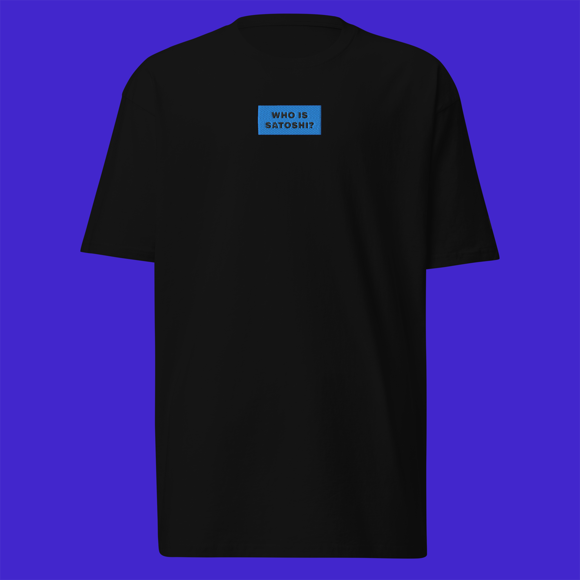 Men's Premium Heavyweight T-Shirt - Black - WHO IS SATOSHI (blue)