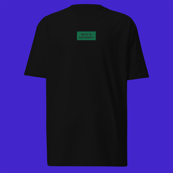 Men's Premium Heavyweight T-Shirt - Black - WHO IS SATOSHI (green)