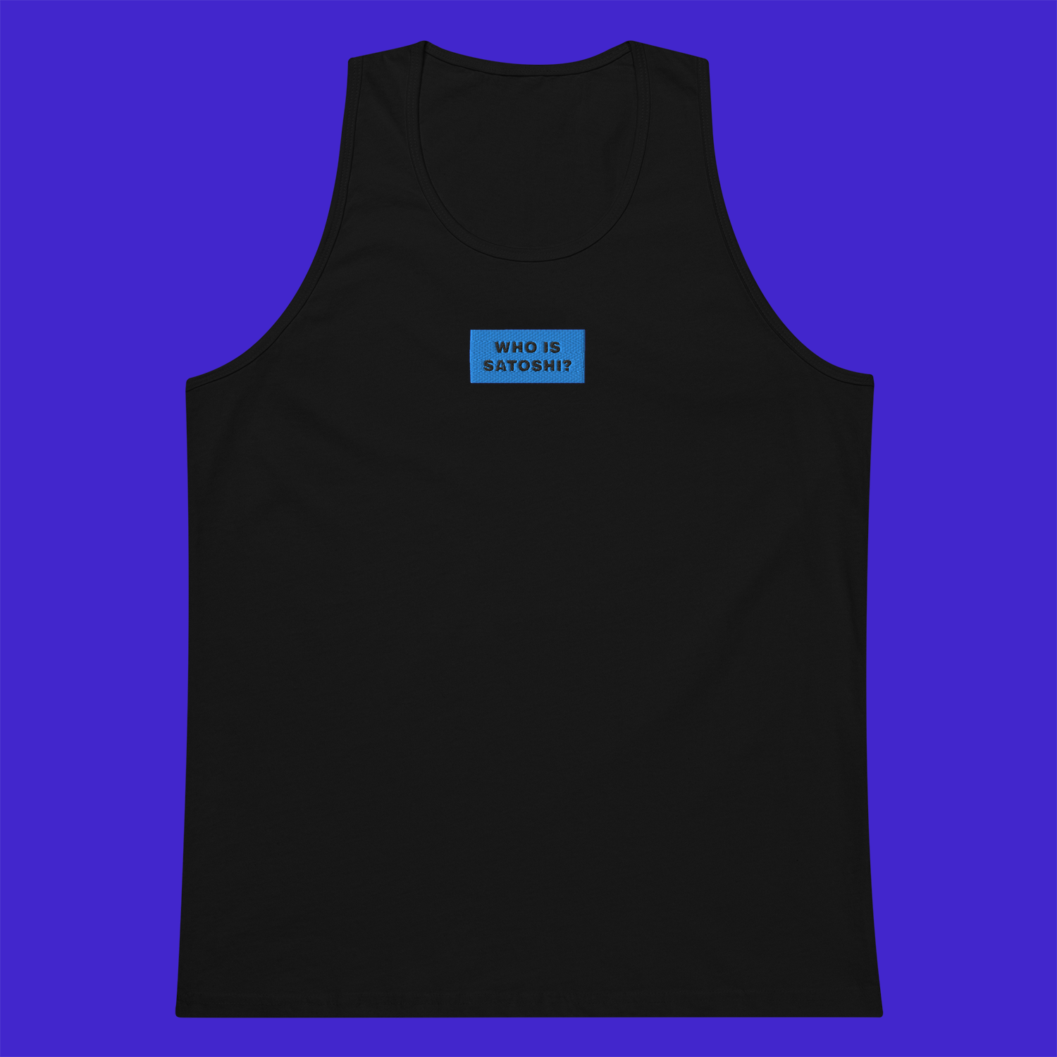 Men's Premium Tank Top - BLACK - WHO IS SATOSHI (blue)