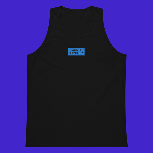 Men's Premium Tank Top - BLACK - WHO IS SATOSHI (blue)