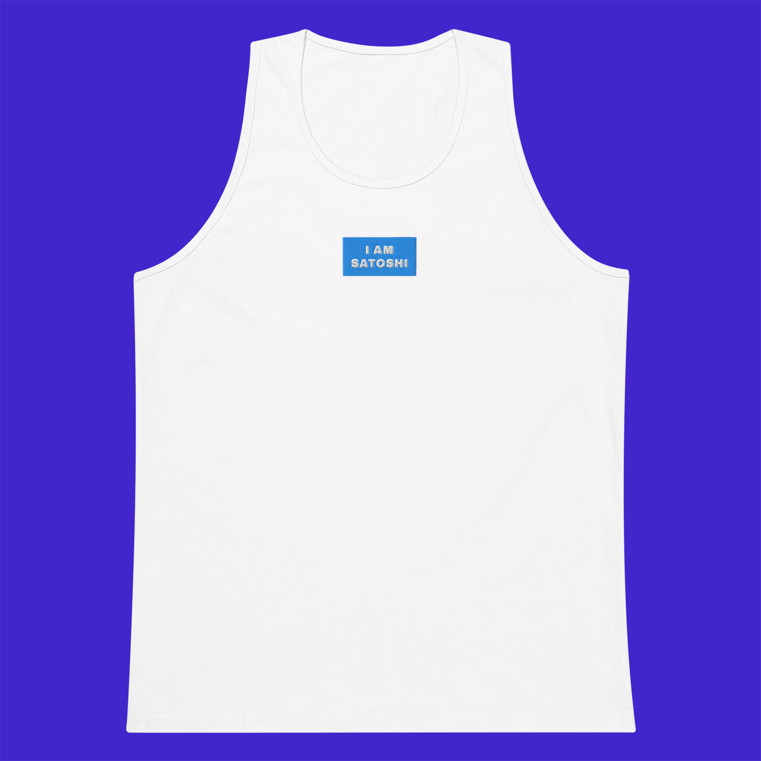 Men's Premium Tank Top - WHITE - I AM SATOSHI (blue)