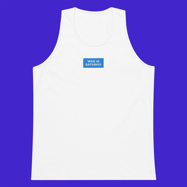 Men's Premium Tank Top - WHITE - WHO IS SATOSHI (blue)