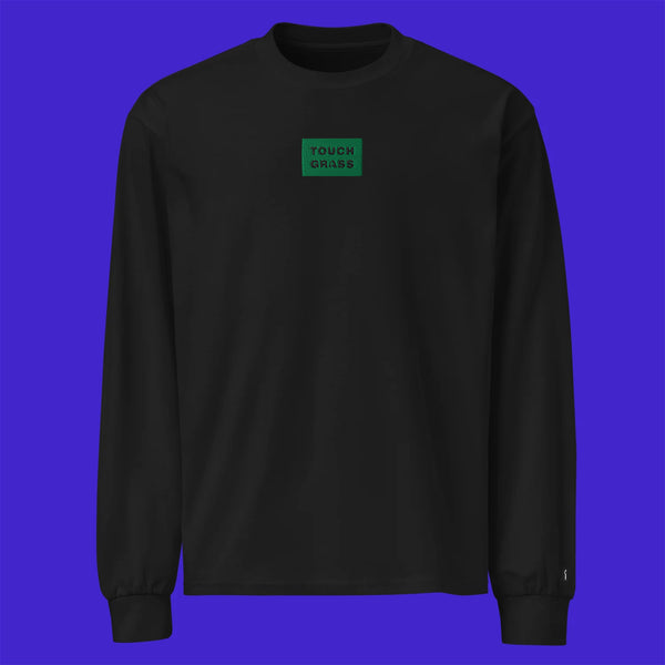 Unisex Premium Heavyweight Long Sleeve Shirt - BLACK - TOUCH GRASS (green)