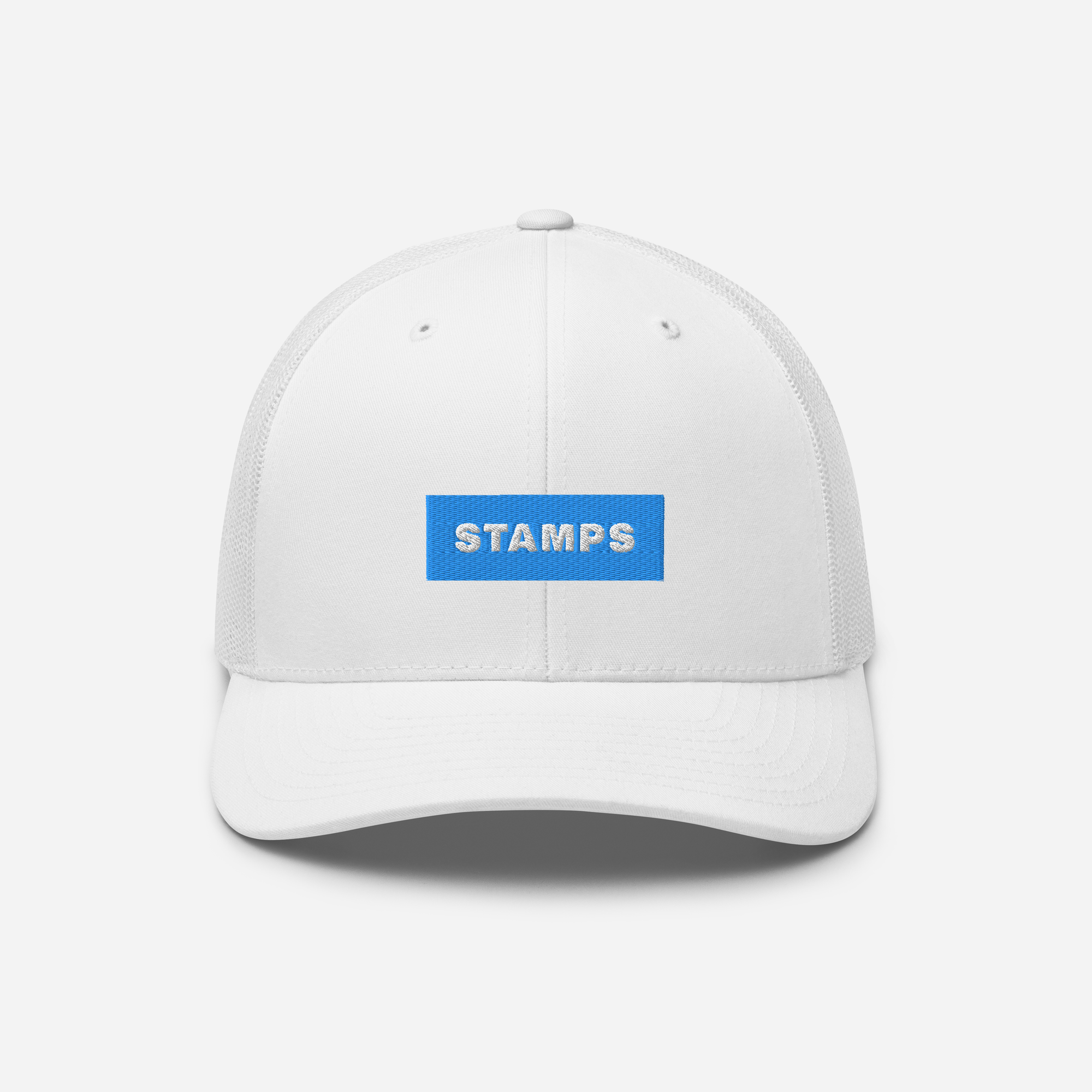 Retro Trucker Hat - White - STAMPS (blue)