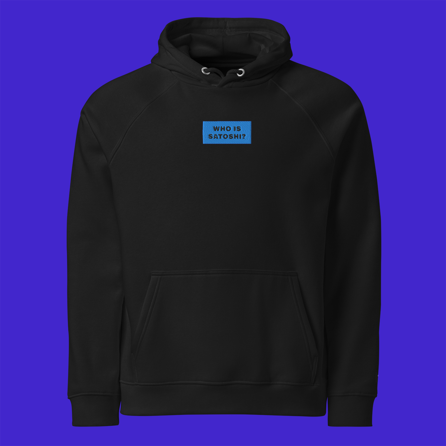 Unisex Eco Raglan Hoodie - BLACK - WHO IS SATOSHI (blue)
