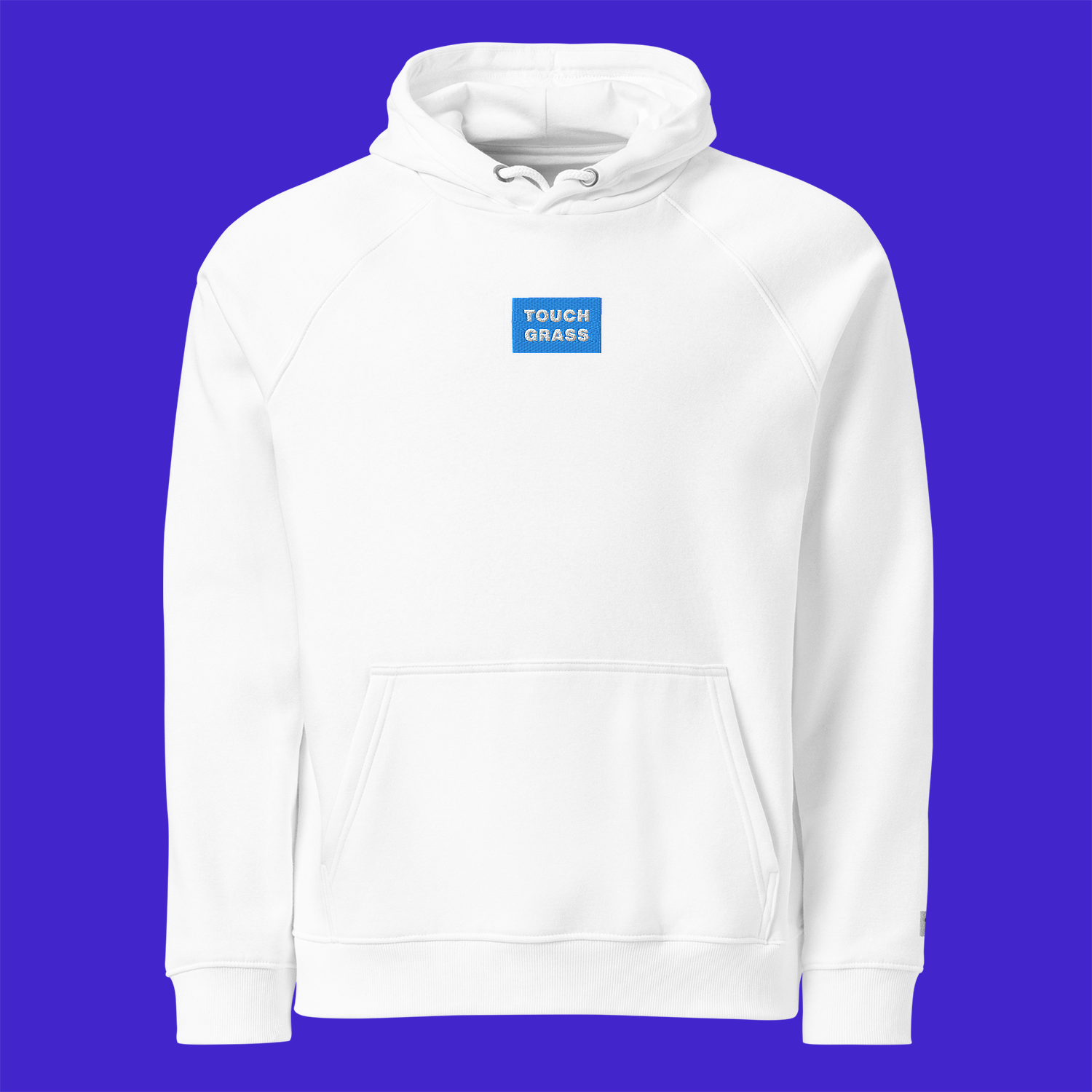 Unisex Eco Raglan Hoodie - WHITE - TOUCH GRASS (blue)