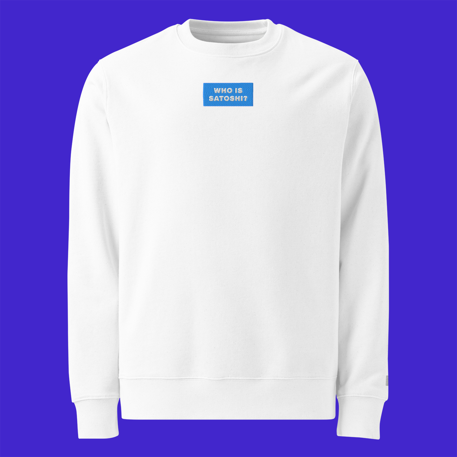 Unisex Eco Sweatshirt - WHITE - WHO IS SATOSHI (blue)