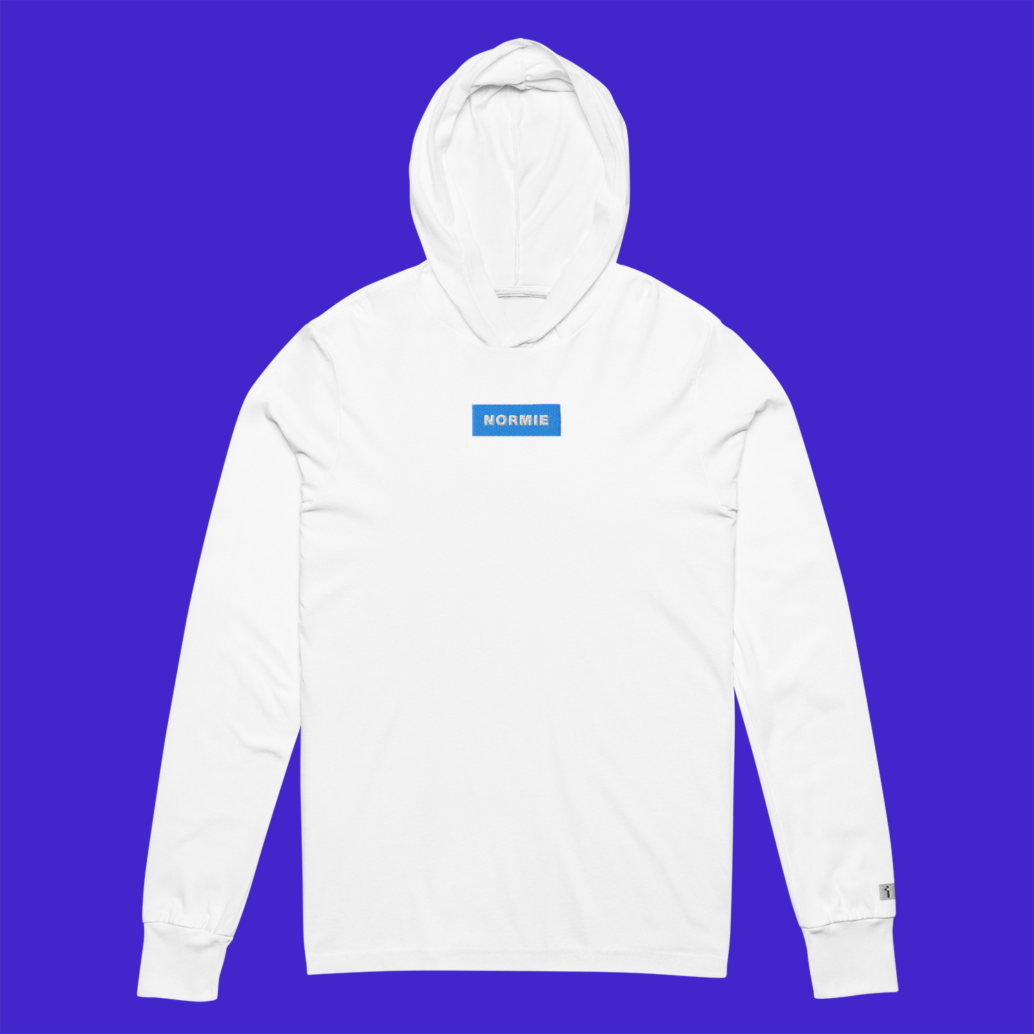 Unisex Hooded Long Sleeve Tee - WHITE - NORMIE (blue)