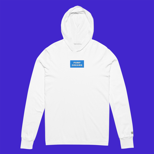 Unisex Hooded Long Sleeve Tee - WHITE - PUMP DREAMS (blue)