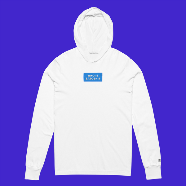 Unisex Hooded Long Sleeve Tee - WHITE - WHO IS SATOSHI (blue)