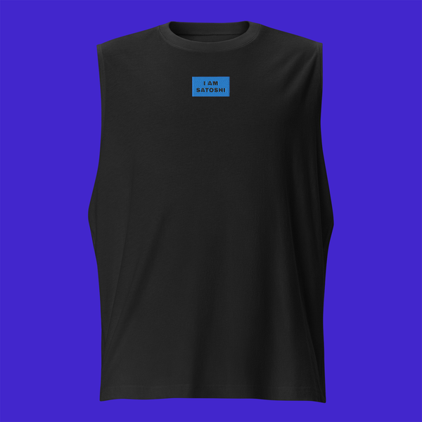 Unisex Muscle Shirt - BLACK - I AM SATOSHI (blue)