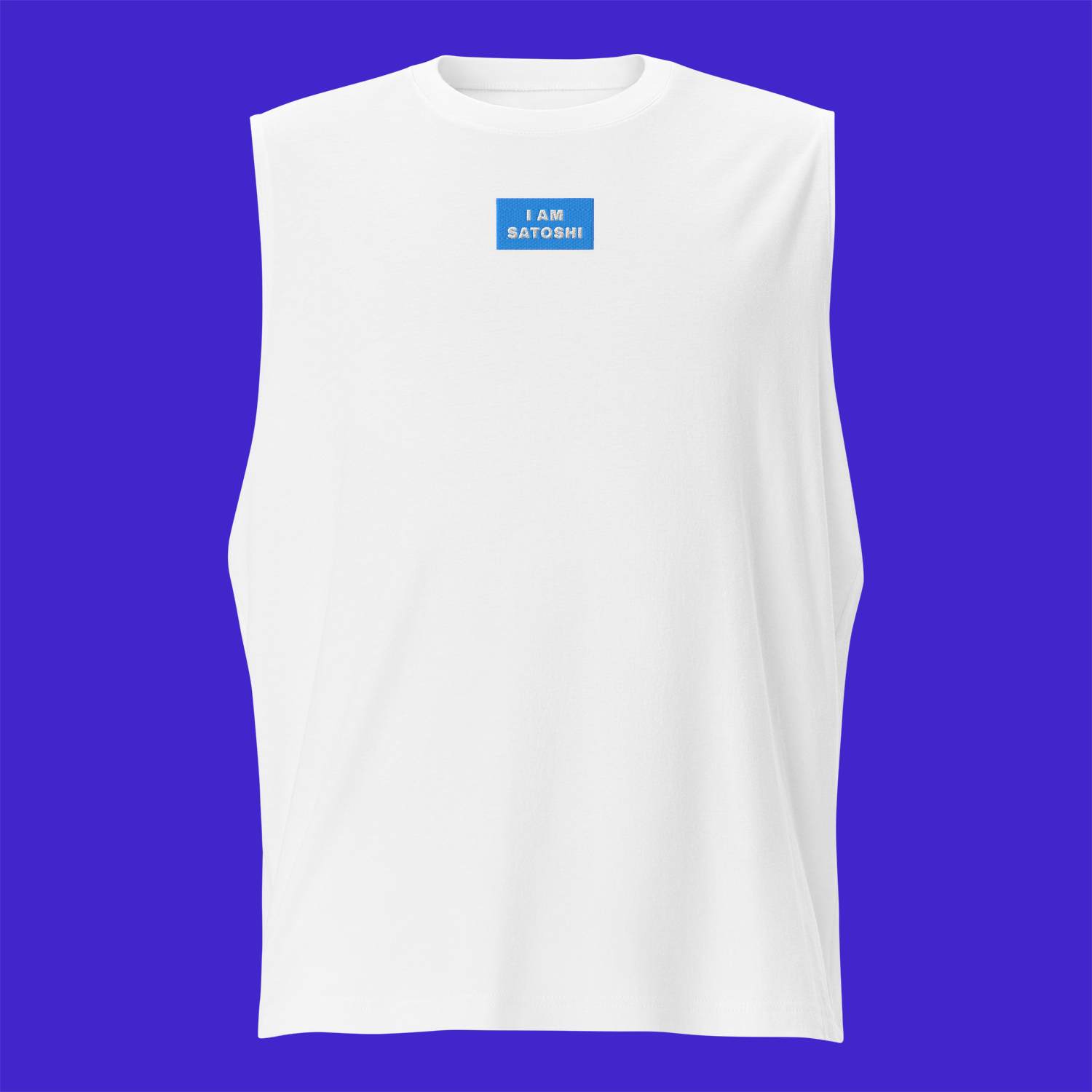 Unisex Muscle Shirt - WHITE - I AM SATOSHI (blue)