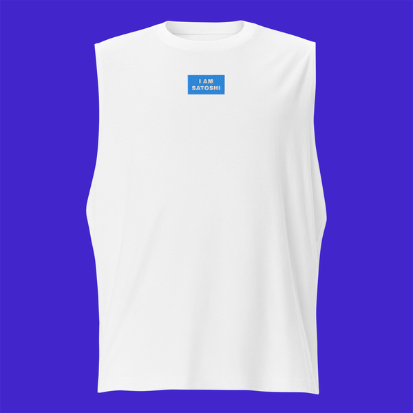Unisex Muscle Shirt - WHITE - I AM SATOSHI (blue)