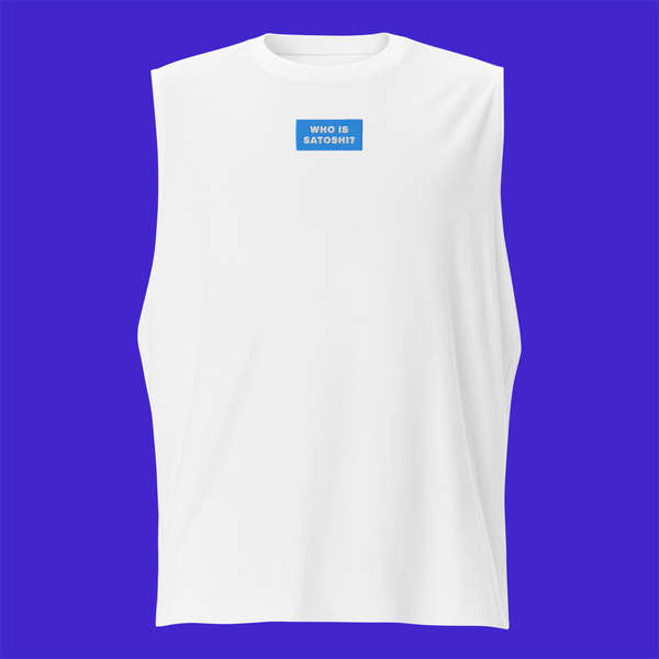 Unisex Muscle Shirt - WHITE - WHO IS SATOSHI (blue)