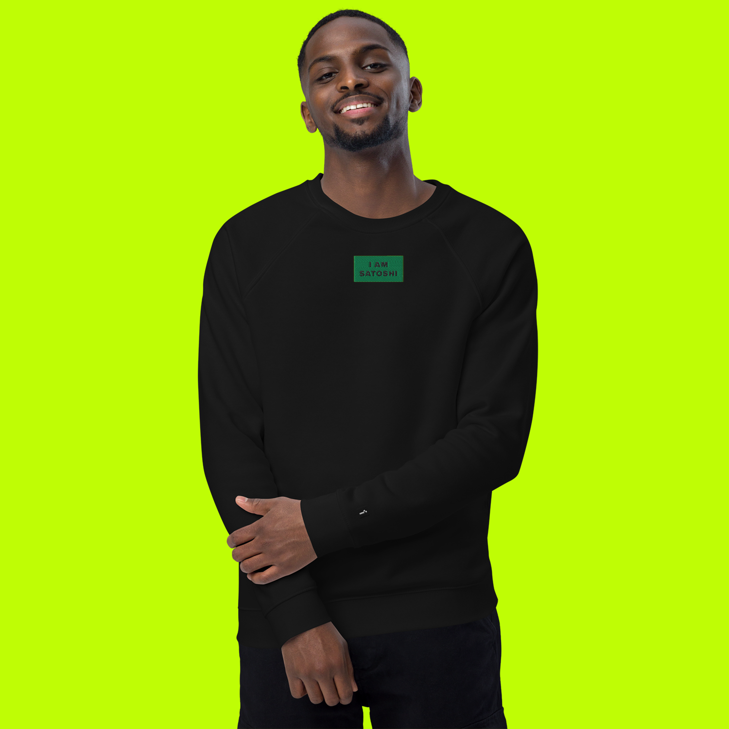 Unisex Organic Raglan Sweatshirt - BLACK - I AM SATOSHI (green)