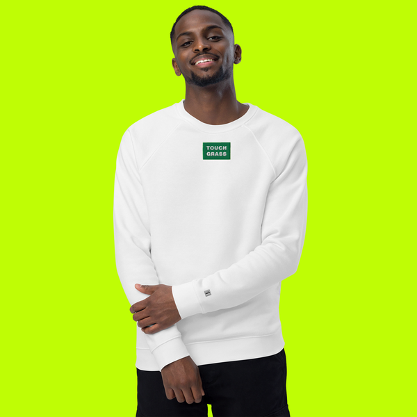 Unisex Organic Raglan Sweatshirt - WHITE - TOUCH GRASS (green)