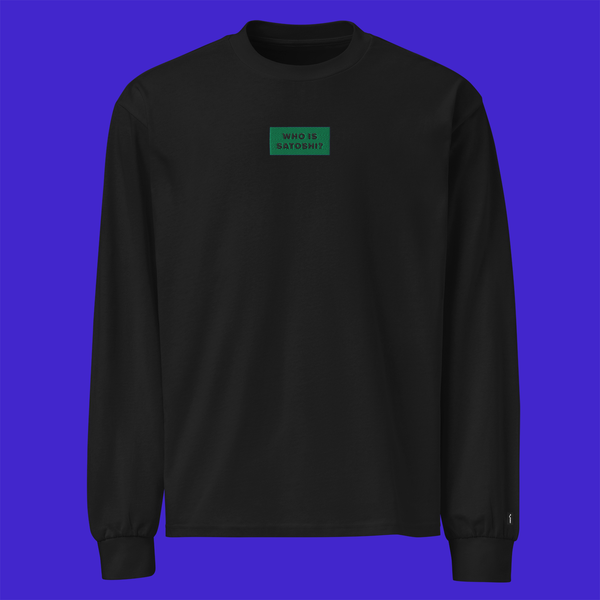 Unisex Premium Heavyweight Long Sleeve Shirt - BLACK - WHO IS SATOSHI (green)